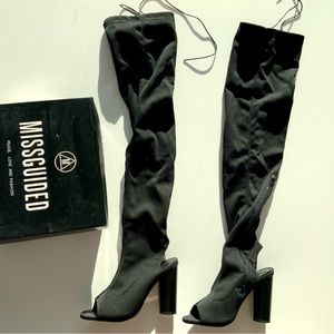 Open toe thigh high chunky heel boots